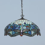Afbeelding laden in galerijweergave, TF Dragonfly Blauwe Tiffany Plafondlamp – Art Nouveau Glas-in-Lood Hanglamp voor Woonkamer