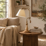 Bild in die Galerieansicht laden, Beige Fabric vintage wood and brass-tone table lamp