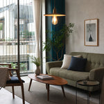 Cargar imagen en el visor de la Galería, Warm wood pendant light in a living room seating area