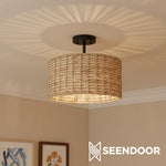 Afbeelding laden in galerijweergave, Lannister Coastal 2-licht semi-opbouw plafondlamp met handgeweven trommelkap voor slaapkamer