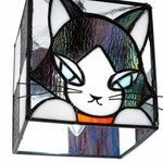 Cargar imagen en el visor de la Galería, Close detail of cat face stained glass shade and soldered frame