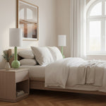 Load image into Gallery viewer, Savara Minimalist Table Lamp - Clean Glass Form with Fabric Shade for Bedrooms