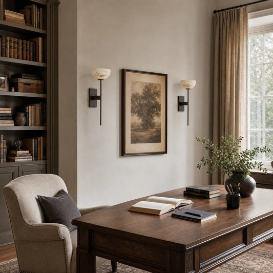 Spanish marble wall sconces in a study setting