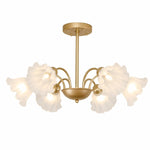Załaduj obraz do przeglądarki galerii, Gold-finished iron six-arm floral glass chandelier on a white background