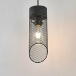 Cargar imagen en el visor de la Galería, Black mesh pendant shade lit with a visible bulb inside