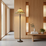 Afbeelding laden in galerijweergave, TF Jamelia Vloerlamp met Glas-in-Lood - Mozaïeklampenkap in Edelsteenkleuren Decoratieve Vloerlamp Metalen Kolomafwerking Ideaal voor Leeshoek