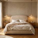 Charger l'image dans la visionneuse de la galerie, Pair of leather cone pendant lights beside a bedroom bed