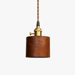Cargar imagen en el visor de la Galería, Brown leather cylinder pendant lamp front view