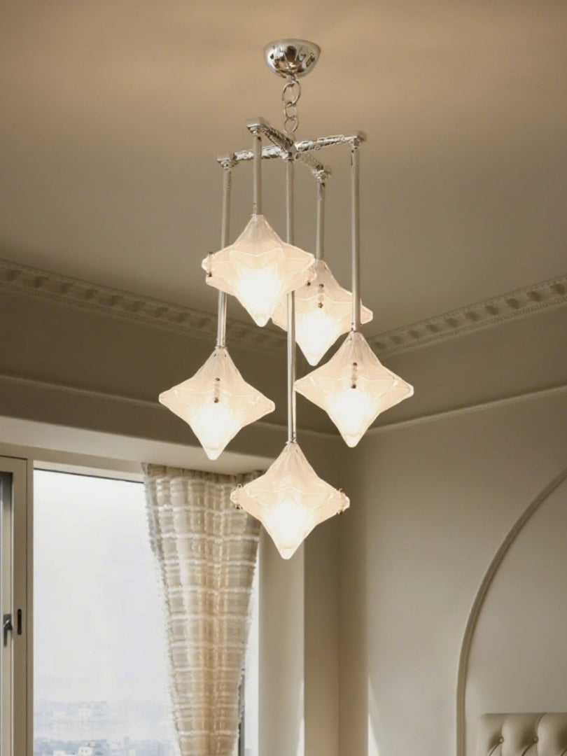 Art Deco Astris Star Chandelier – Frosted Glass Deco Fixture for Dining Room