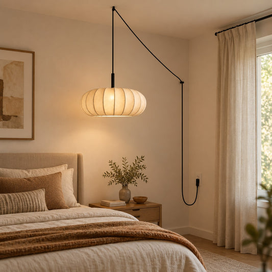 Biała materiałowa wisząca lampa wtykowa