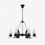 Afbeelding laden in galerijweergave, Six-light black iron chandelier with clear hurricane glass shades