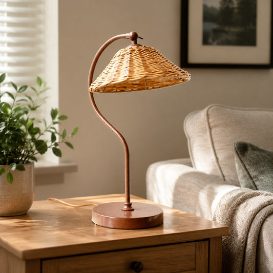 Tafellamp met handgeweven rotan kap en gebogen metalen frame