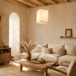 Load image into Gallery viewer, Sculptural linen pendant light in a warm natural lounge