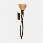 Załaduj obraz do przeglądarki galerii, Sculptural aged bronze amber glass wall sconce on a light background
