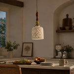 Cargar imagen en el visor de la Galería, Wood accent starflower ceramic pendant light in a dining room