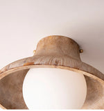 Cargar imagen en el visor de la Galería, Close view of the carved wood rim and opal glass globe