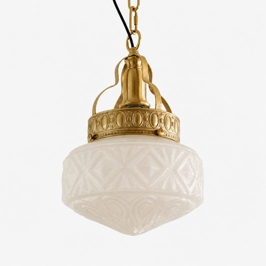 Cream white embossed glass pendant light with brass hardware