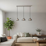 Afbeelding laden in galerijweergave, Shimmera 3-licht lineaire hanglamp – spiegelglas kappen met moderne nikkelkleurige afwerking voor eetkamers