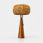 Cargar imagen en el visor de la Galería, Full view of the woven natural fiber and wood pull-chain table lamp