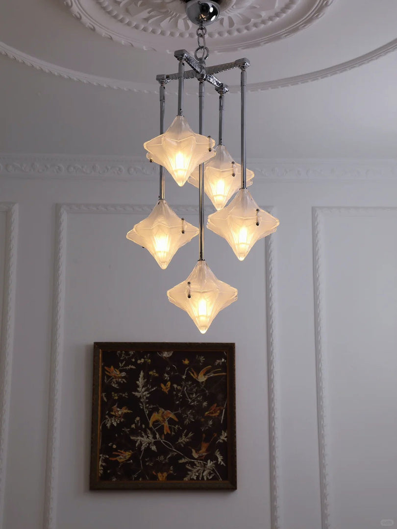 Art Deco Astris Star Chandelier – Frosted Glass Deco Fixture for Dining Room