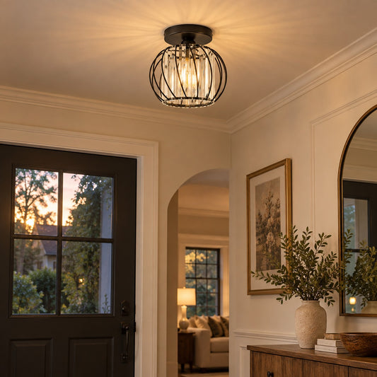 Geometric Cage Semi-Flush Mount Crystal Ceiling Light for Hallway and Entryway