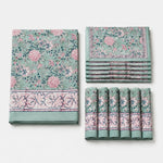 Załaduj obraz do przeglądarki galerii, Folded sage green floral cotton linen tablecloth set