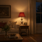 Afbeelding laden in galerijweergave, Red table lamp beside a sofa at night