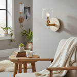 Cargar imagen en el visor de la Galería, Lámpara de Pared Moderna de Mármol Korlisse - Latón Vintage y Acento de Vidrio Transparente para Sala de Estar y Pasillo