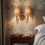 Load image into Gallery viewer, Duova Double Sconce – Antique Brass Metal and Linen Shades for Bedroom or Study