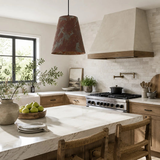 Rust copper patina pendant lamp above a bright kitchen island