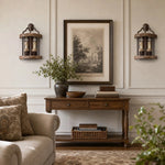 Załaduj obraz do przeglądarki galerii, Rustic wall sconces beside framed wall art and a console table