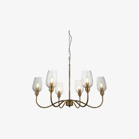 Lámpara de araña lineal Clarione Art Deco de 6 luces con pantallas de vidrio soplado para cocina