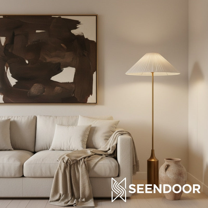 Lindi gegolfde linnen kap – messing vloerlamp voor woonkamer en slaapkamer