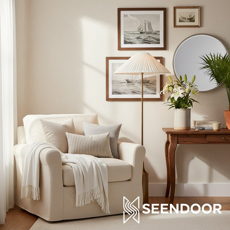 Lindi gegolfde linnen kap – messing vloerlamp voor woonkamer en slaapkamer