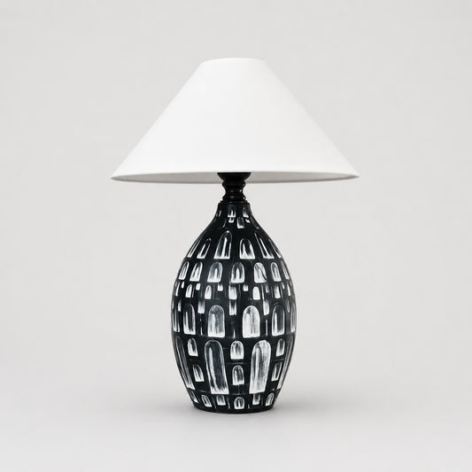 Black ceramic table lamp with white fabric shade front view