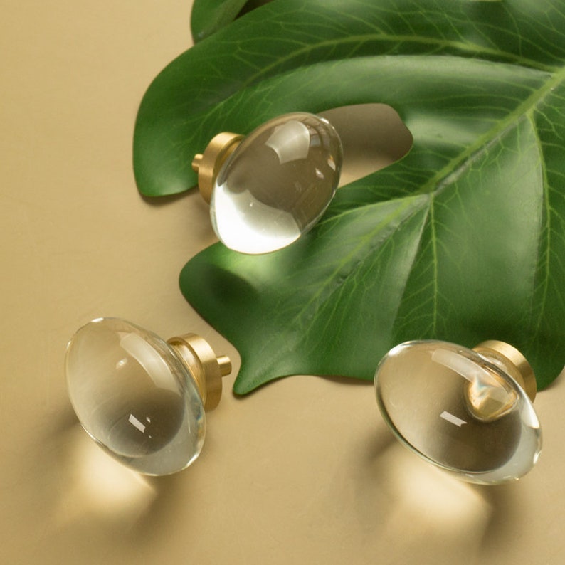 Gold Dresser Knobs – Oval Knob & Brushed Brass Transparent Single Hole