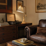 Bild in die Galerieansicht laden, Beige Fabric vintage wood and brass-tone table lamp