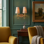 Load image into Gallery viewer, Duova Double Sconce – Antique Brass Metal and Linen Shades for Bedroom or Study