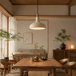 Load image into Gallery viewer, Rice paper pendant lamp lighting a natural wood dining and living room