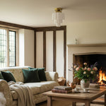 Load image into Gallery viewer, Geotower Glass Brass Ceiling Light – Art Deco Ribbed Globe Flush Mount