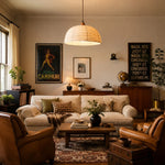 Załaduj obraz do przeglądarki galerii, Hemp dome pendant light over a vintage living room seating area