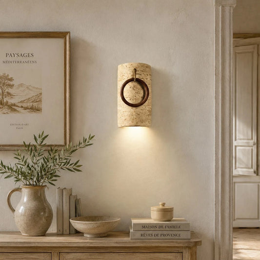 Travertine wood ring wall sconce detail