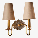 Load image into Gallery viewer, Duova Double Sconce – Antique Brass Metal and Linen Shades for Bedroom or Study