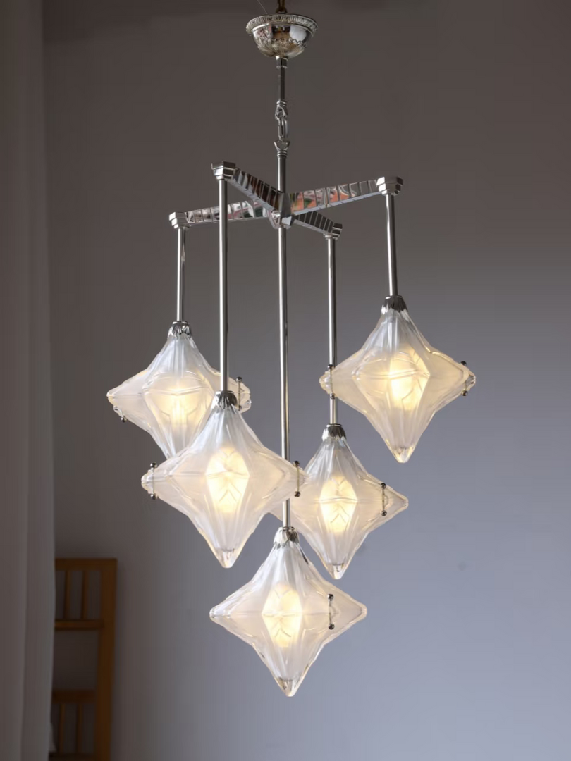 Art Deco Astris Star Chandelier – Frosted Glass Deco Fixture for Dining Room