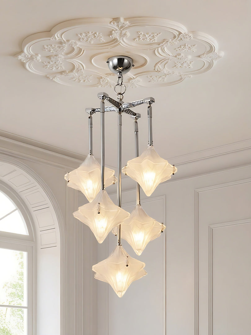 Art Deco Astris Star Chandelier – Frosted Glass Deco Fixture for Dining Room