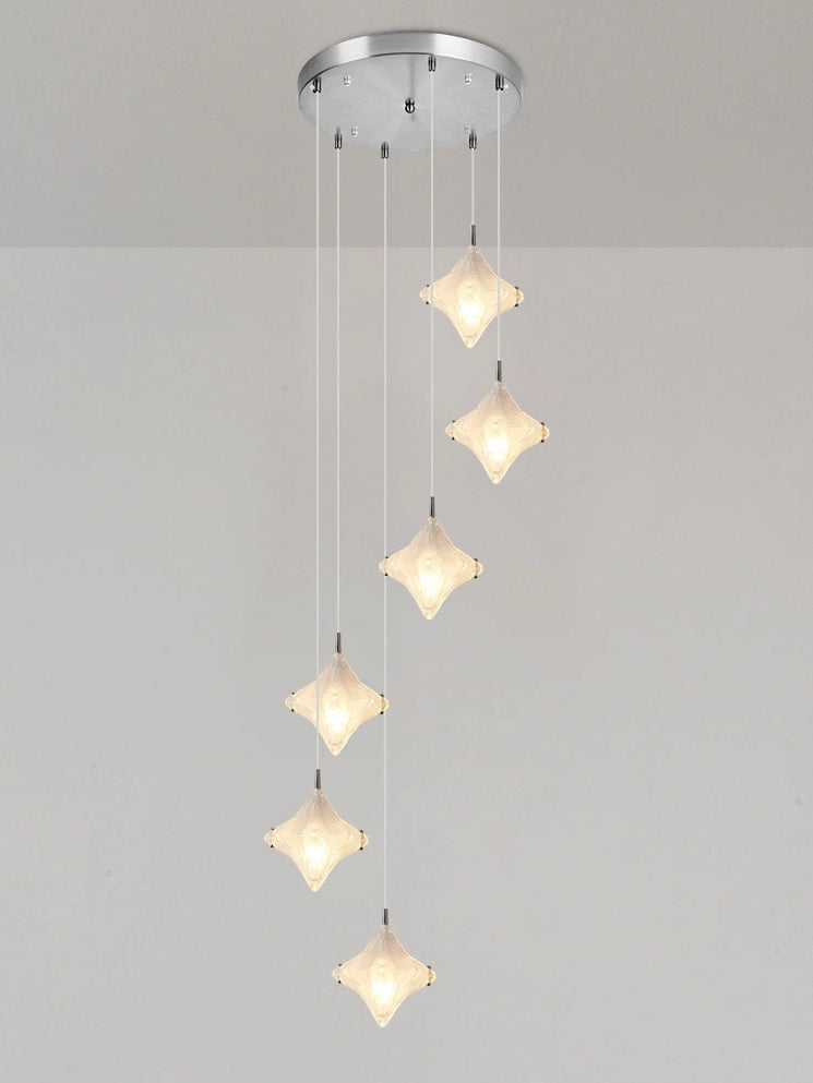 Art Deco Star Staircase Pendant Light - Frosted Glass Hanging Fixture - Astris Altair