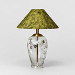 Load image into Gallery viewer, Floral glass table lamp with green textured fabric shade front view