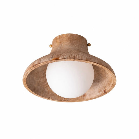 Natural wood flush ceiling light on white background