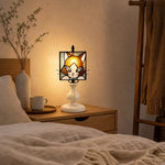 Cargar imagen en el visor de la Galería, Cat stained glass table lamp glowing on a bedside table