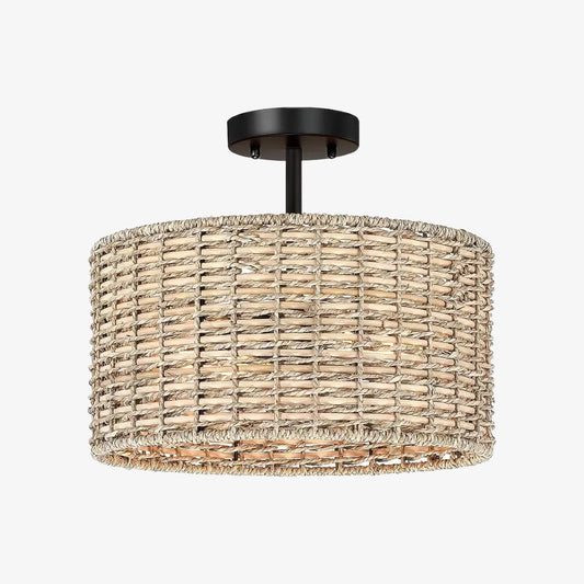 Lámpara de Techo Semi-Empotrada Costera Lannister de 2 Luces con Pantalla de Tambor Tejida a Mano para Dormitorio